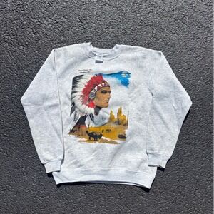 Vintage 90s Indian Cherokee Native American Chief Sweatshirt Grey Mens Large